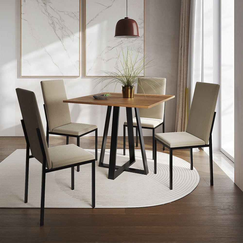 Conjunto De Jantar Mesa Mônaco Premium 90Cm Imbuia Com 4 Cadeiras Estofadas Bege - Cor: Preto - 1