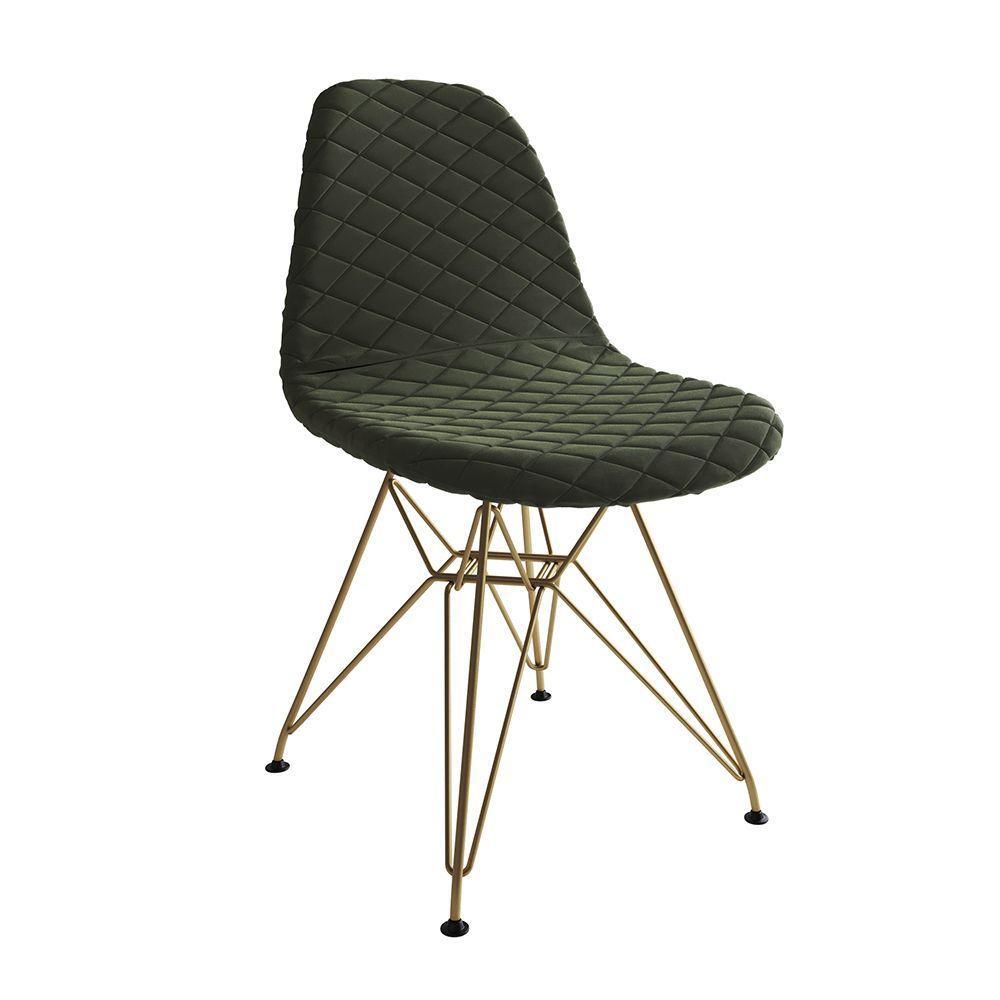 Mesa Jantar Londres Tampo Amêndoa 120Cm Base Preta 4 Cadeiras Base Dourado Estofado Verde - 5