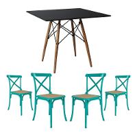 Conjunto De Mesa Eiffel Quadrado Tampo De Madeira 90Cm Preto Com 4 Cadeiras Katrina Azul Turquesa - 1