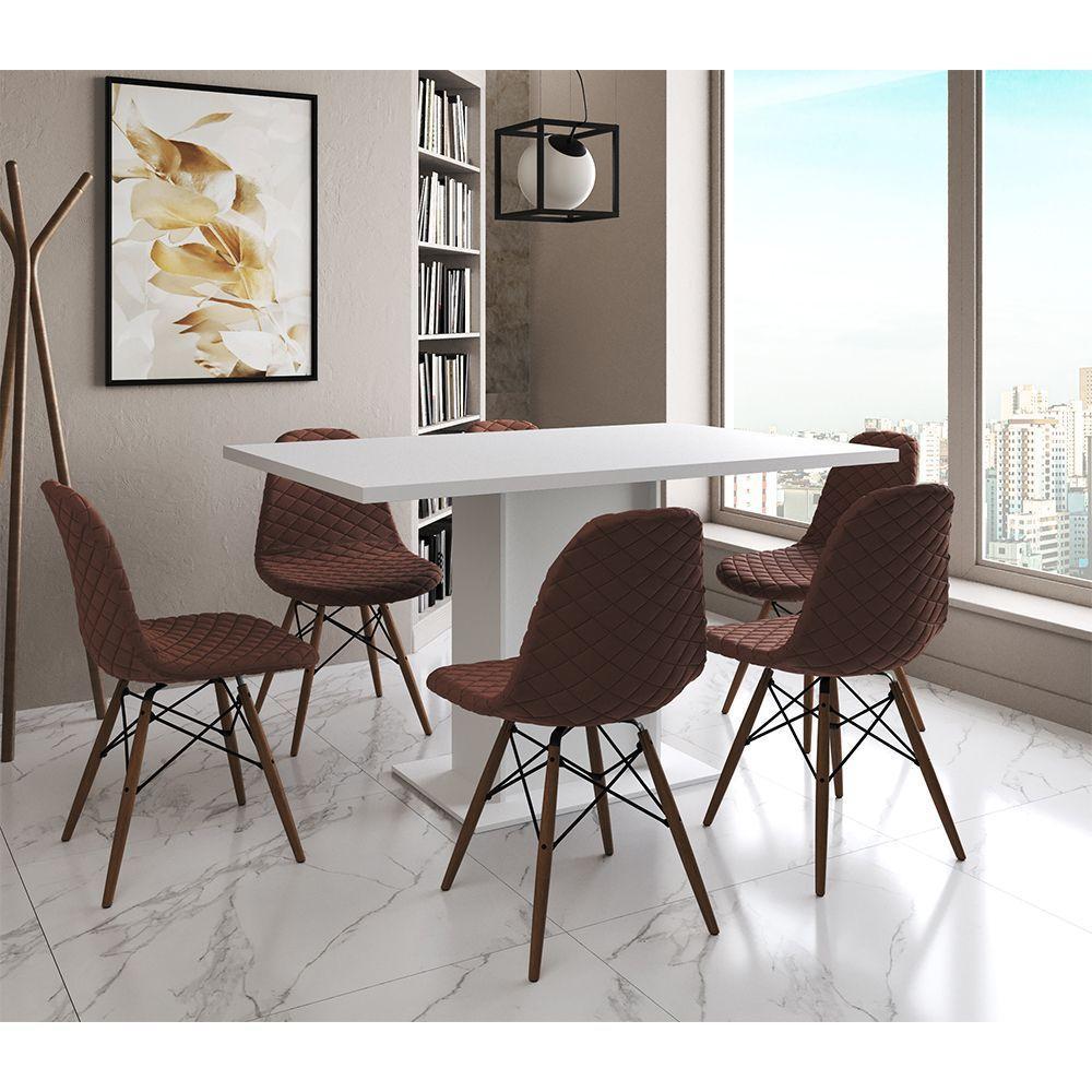 Mesa Jantar Londres Retangular Branca 137X90 6 Cadeiras Estofadas Caramelo Madeira - 1