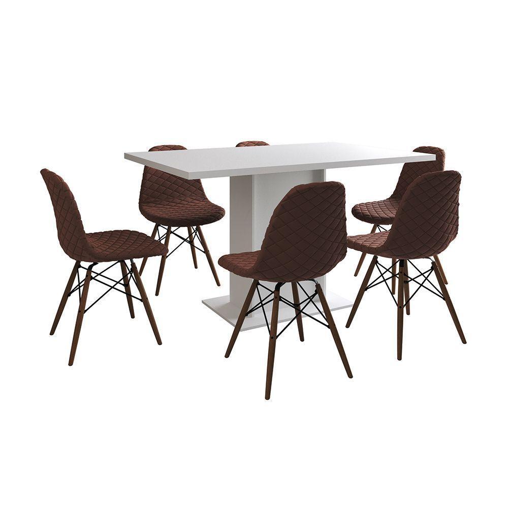 Mesa Jantar Londres Retangular Branca 137X90 6 Cadeiras Estofadas Caramelo Madeira - 6