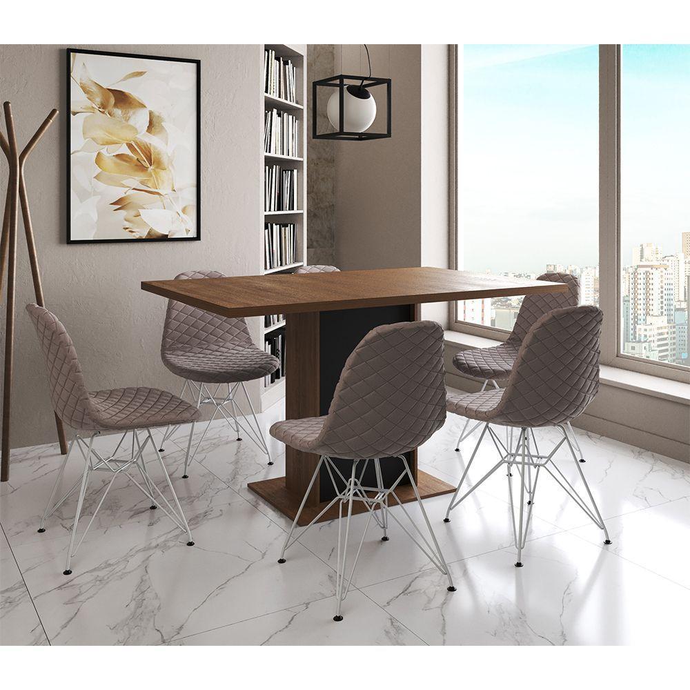 Mesa Jantar Londres Retangular Amêndoa 137X90 Base Preta 6 Cadeiras Estofadas Nude Médio Ferro Branc - 1