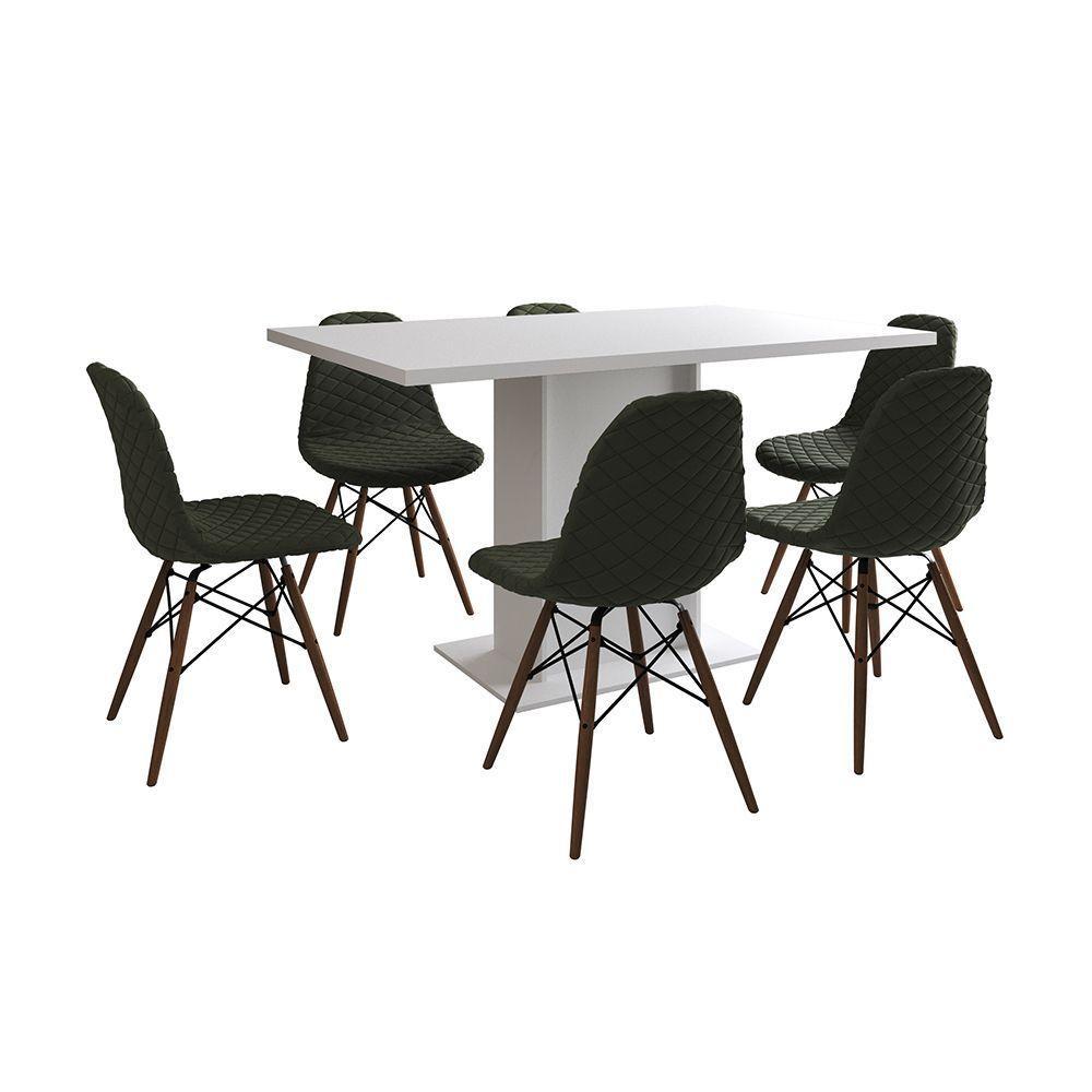 Mesa Jantar Londres Retangular Branca 137X90 6 Cadeiras Estofadas Verde Madeira - 6