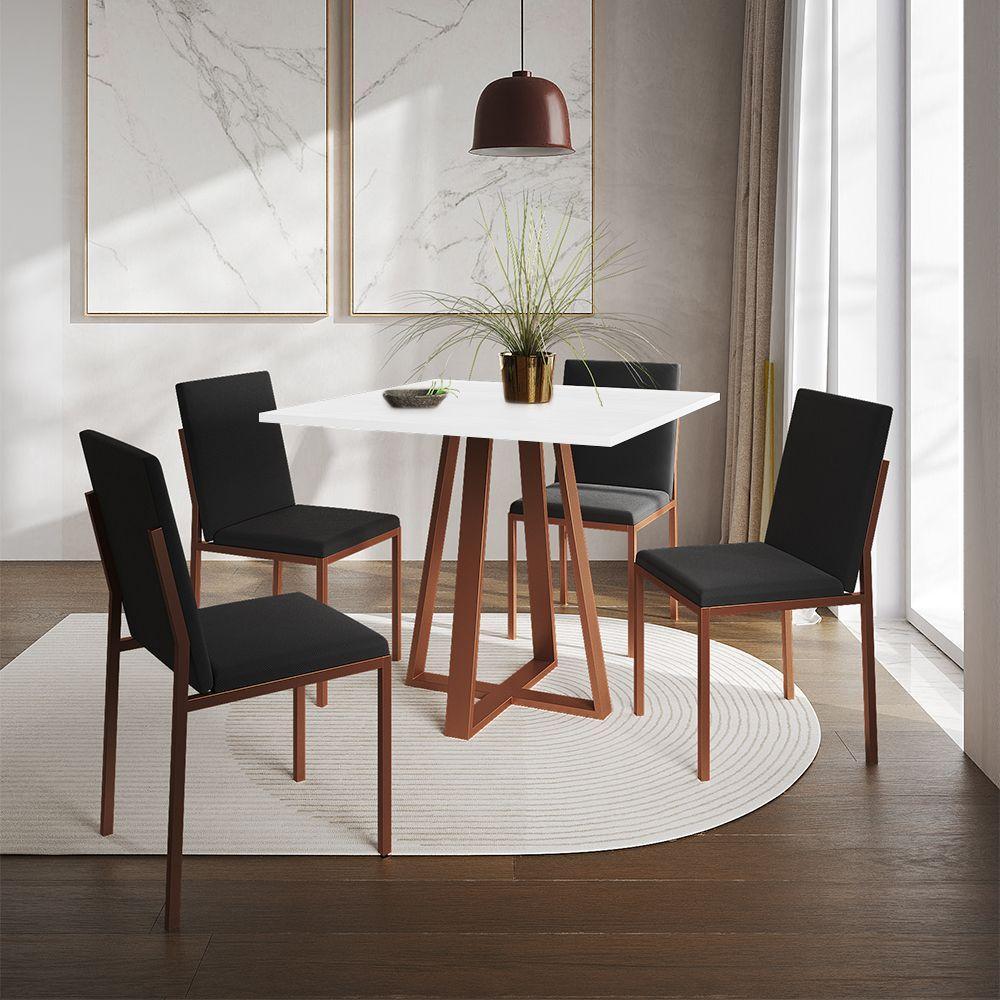 Conjunto De Jantar Mesa 90Cm Branca Com 4 Cadeiras Estofadas Pretas Base Cobre - Preto - 1