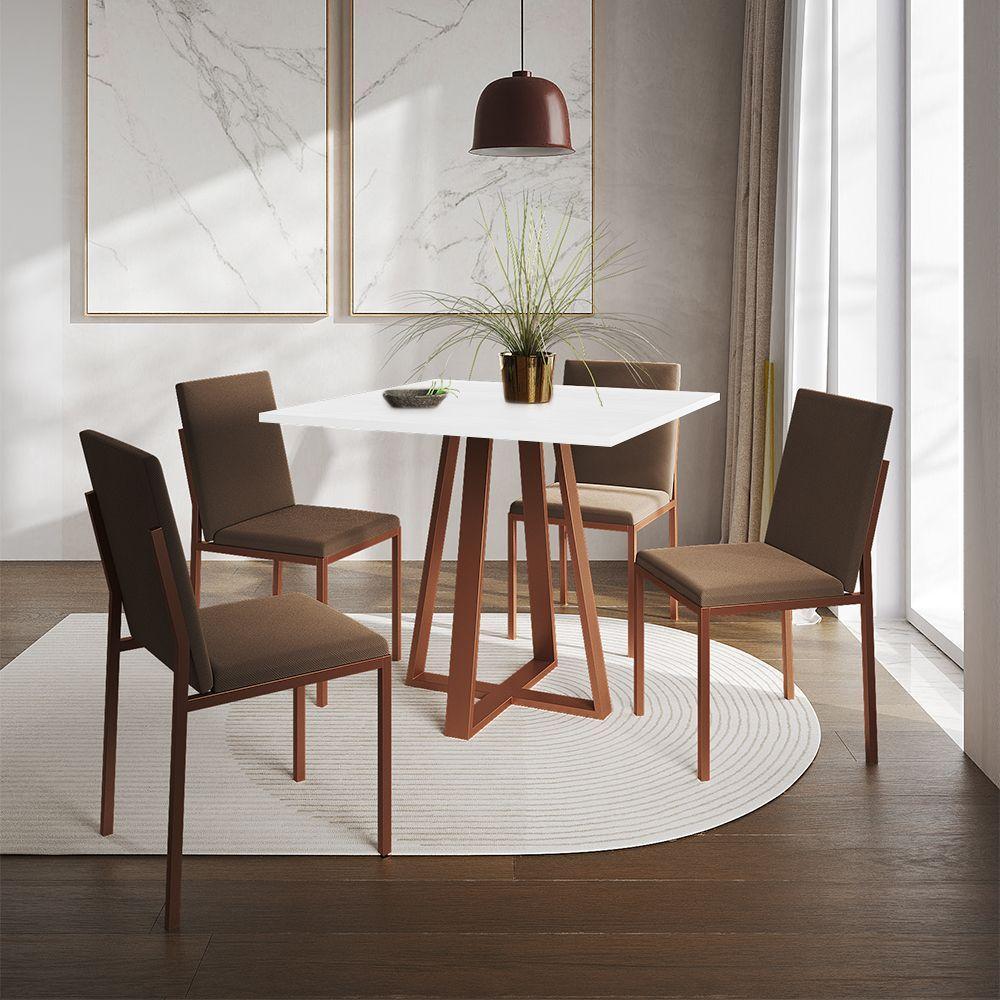 Conjunto De Jantar Mesa 90Cm Branca Com 4 Cadeiras Estofadas Marrom Base Cobre - Preto - 1