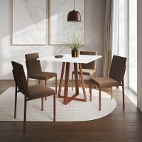 Conjunto De Jantar Mesa 90Cm Branca Com 4 Cadeiras Estofadas Marrom Base Cobre - Preto - 1