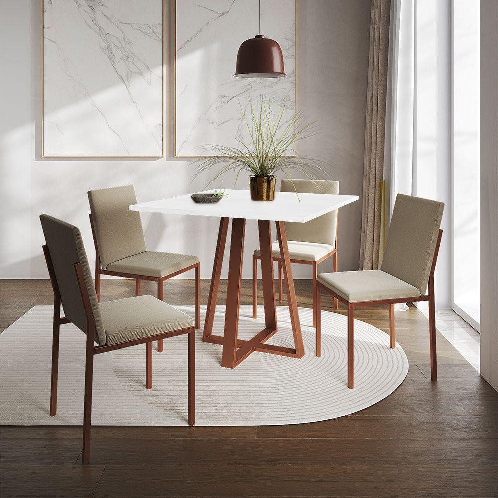 Conjunto De Jantar Mesa 90Cm Branca Com 4 Cadeiras Estofadas Bege Base Cobre - Preto - 1