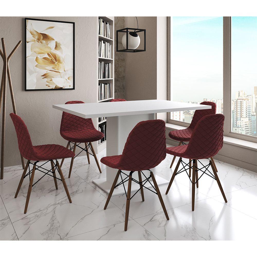 Mesa Jantar Londres Retangular Branca 137X90 6 Cadeiras Estofadas Vermelho Madeira - 1