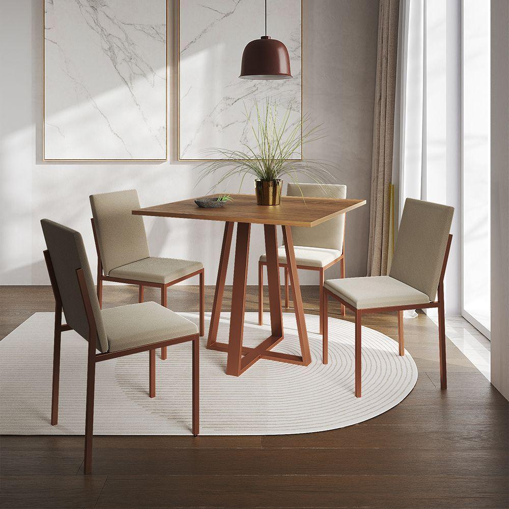 Conjunto De Jantar Mesa 90Cm Imbuia Com 4 Cadeiras Estofadas Bege Base Cobre - Preto - 1