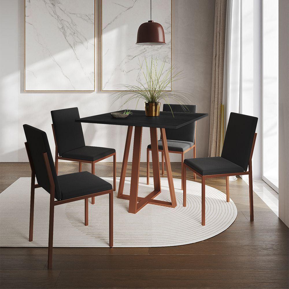Conjunto De Jantar Mesa 90Cm Preta Com 4 Cadeiras Estofadas Pretas Base Cobre - Preto - 1