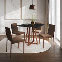 Conjunto De Jantar Mesa Mônaco 90Cm Tampo Preto Com 4 Cadeiras Marrom Base Cobre - Cor: Preto - 1