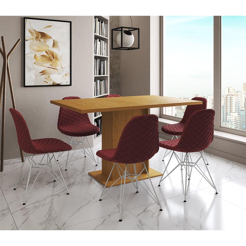 Mesa Jantar Londres Retangular Canela 137X90Cm 6 Cadeiras Estofadas Vermelho Ferro Branco - 1