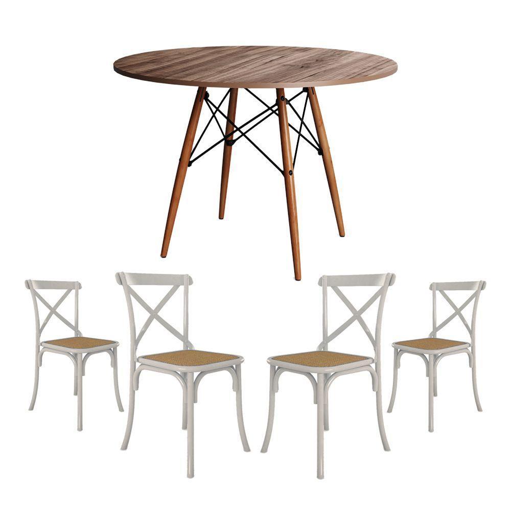 Conjunto De Mesa Eiffel Redondo Tampo De Madeira 90Cm Amêndoa Com 4 Cadeiras Katrina Branca Assento - 1