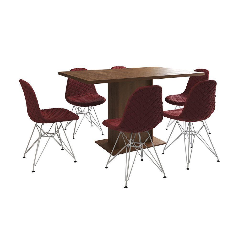 Mesa Jantar Londres Retangular Amêndoa 137X90Cm 6 Cadeiras Estofadas Vermelho Ferro Branco - 7