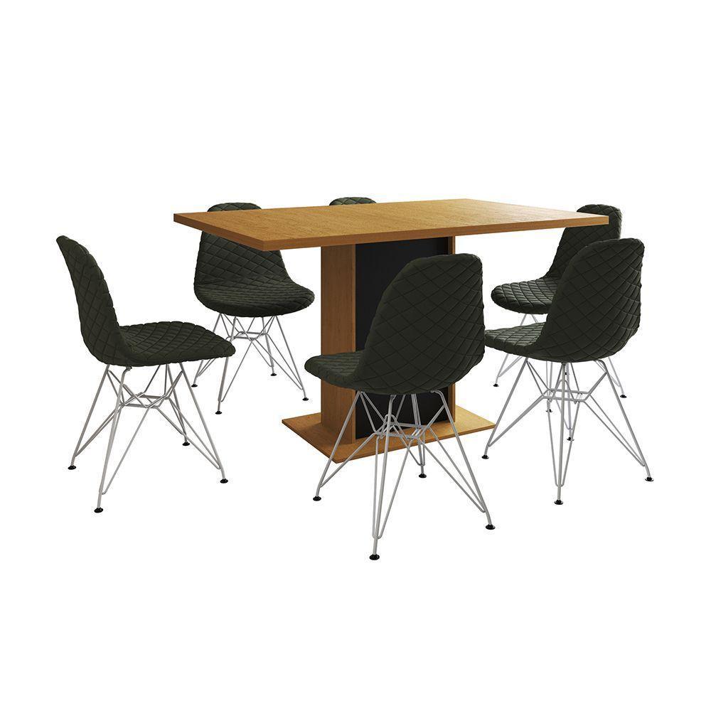 Mesa Jantar Londres Retangular Canela 137X90 Base Preta 6 Cadeiras Estofadas Verde Ferro Branco - 6