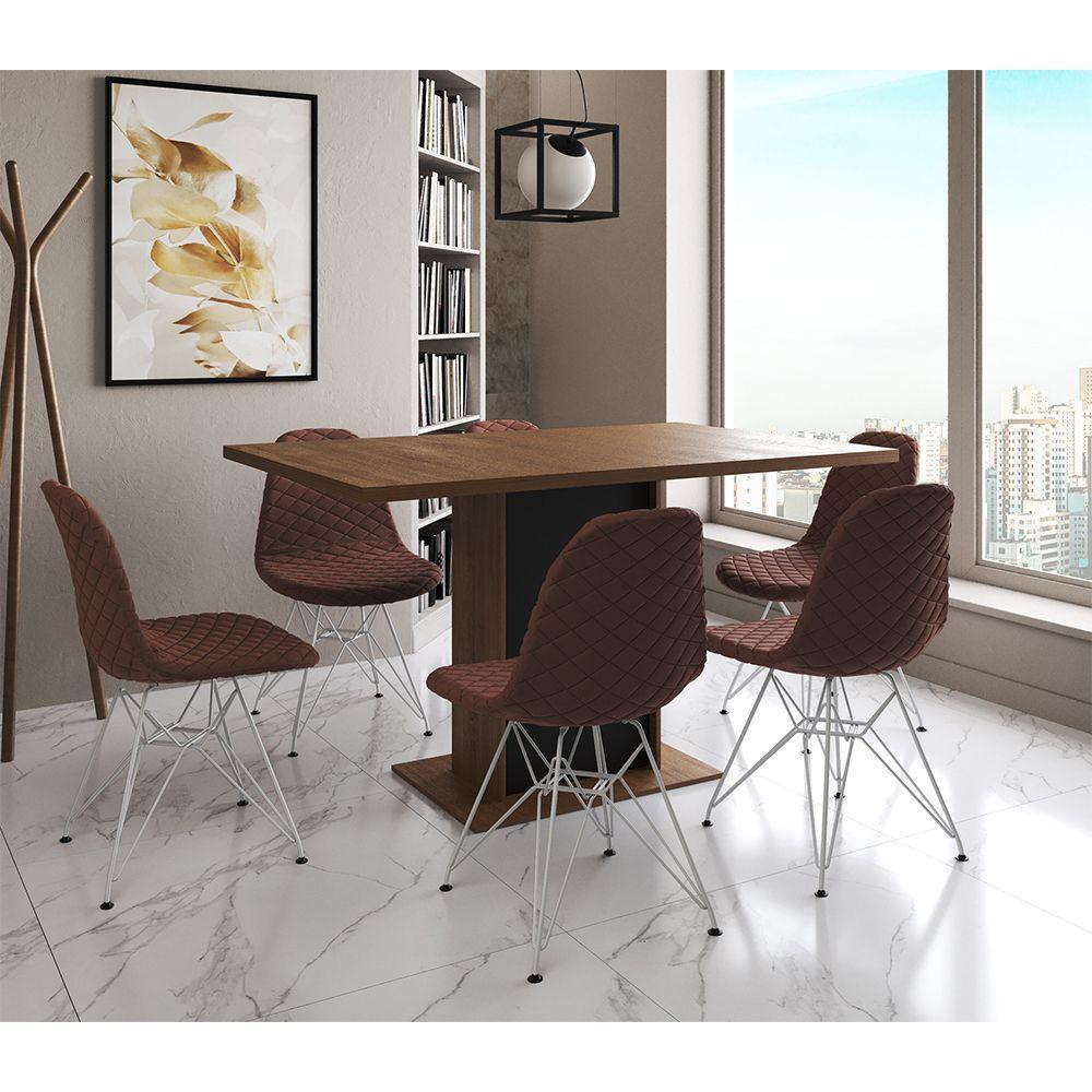 Mesa Jantar Londres Retangular Amêndoa 137X90 Base Preta 6 Cadeiras Estofadas Caramelo Ferro Branco - 1