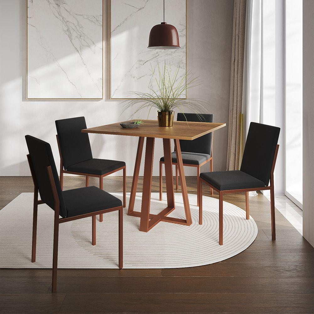 Conjunto De Jantar Mesa Mônaco 90Cm Tampo Imbuia Com 4 Cadeiras Pretas Base Cobre - Cor: Preto - 1