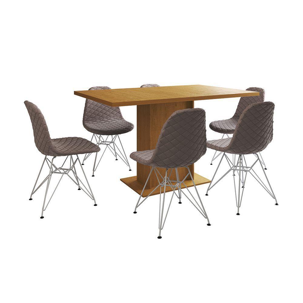 Mesa Jantar Londres Retangular Canela 137X90Cm 6 Cadeiras Estofadas Nude Médio Ferro Branco - 6