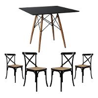 Jogo De Mesa Eiffel Quadrado Tampo De Madeira 90Cm Preto Com 4 Cadeiras Katrina Preto Assento Bege - 1