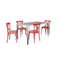 Conjunto De Mesa Elen Retangular Tampo De Madeira 140X80Cm Branco Com 4 Cadeiras Katrina Vermelha - 1