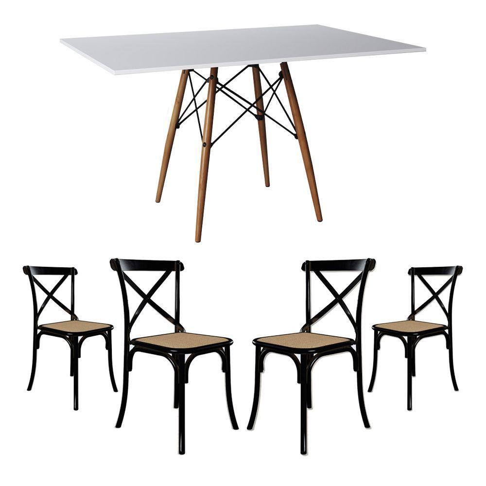 Conjunto De Mesa Eiffel Retangular Tampo De Madeira 120X75Cm Branco Com 4 Cadeiras Katrina Preto - 1