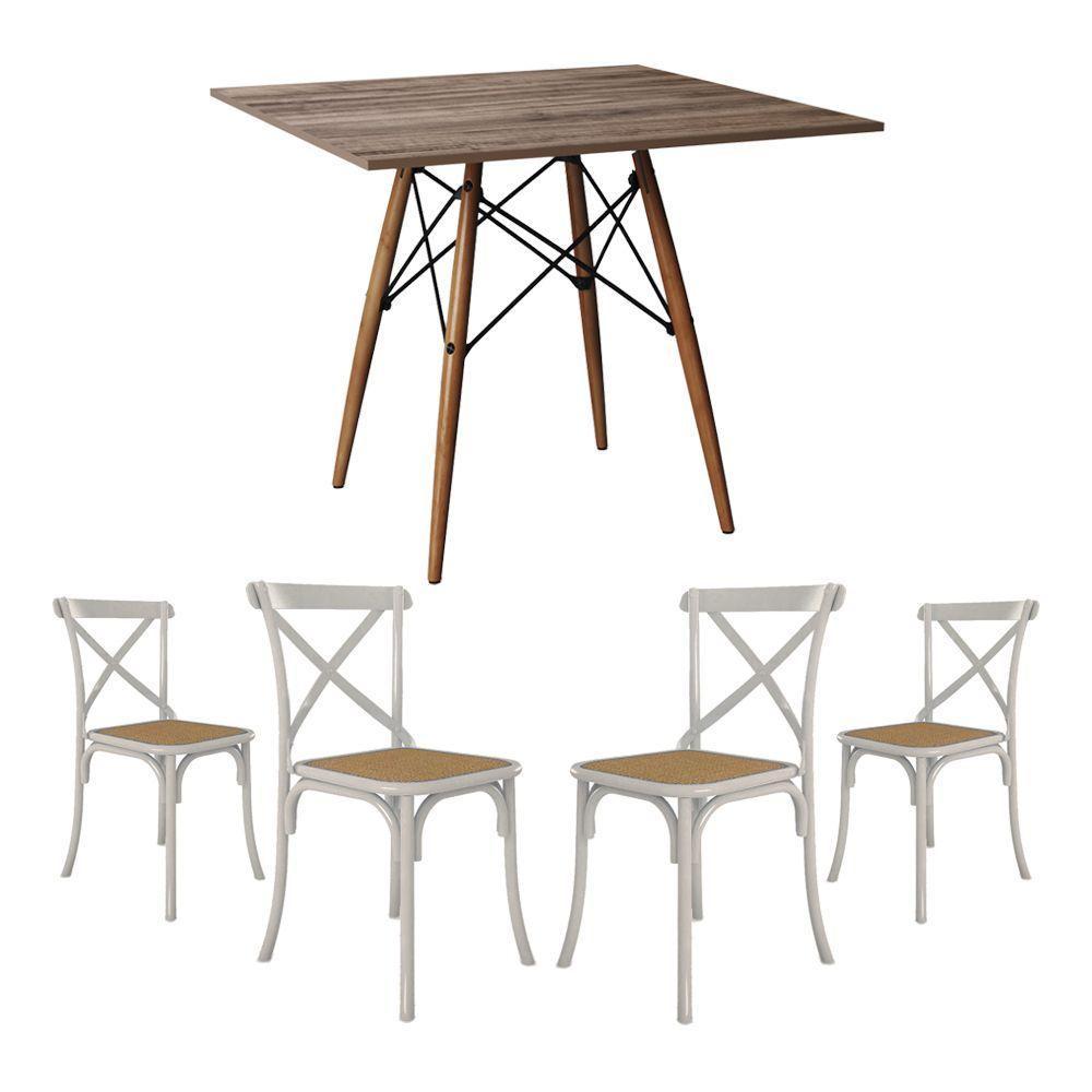 Conjunto De Mesa Eiffel Quadrado Tampo De Madeira 90Cm Amêndoa Com 4 Cadeiras Katrina Brancao - 1