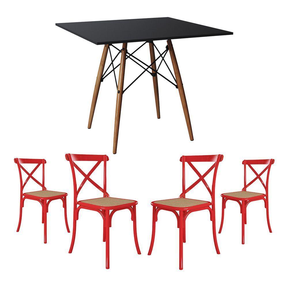Jogo De Mesa Eiffel Quadrado Tampo De Madeira 90Cm Preto Com 4 Cadeiras Katrina Vermelhao Beg - 1