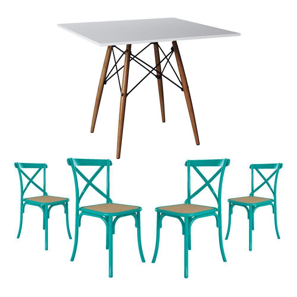 Jogo De Mesa Eiffel Quadrado Tampo De Madeira 90Cm Branco Com 4 Cadeiras Katrina Azul Turquesa - 1