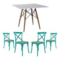 Jogo De Mesa Eiffel Quadrado Tampo De Madeira 90Cm Branco Com 4 Cadeiras Katrina Azul Turquesa - 1
