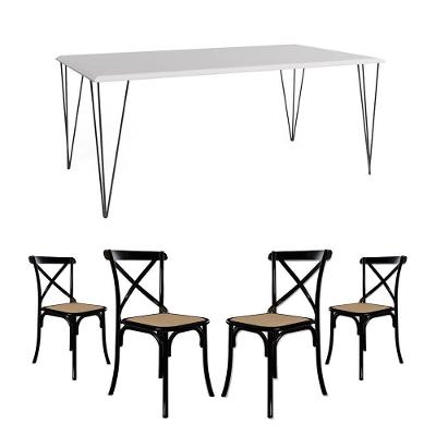 Jogo De Mesa Elen Retangular Tampo De Madeira 150X90Cm Branco Com 4 Cadeiras Katrina Pretoo B