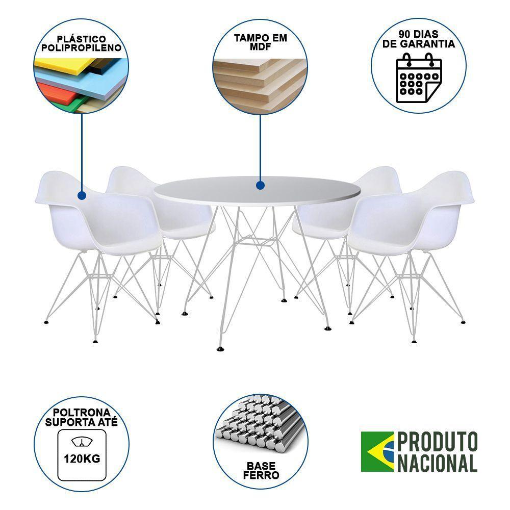 Mesa De Jantar Redonda Branca 90Cm Com 4 Poltronas Brancas Ferro Branco Branco - 7