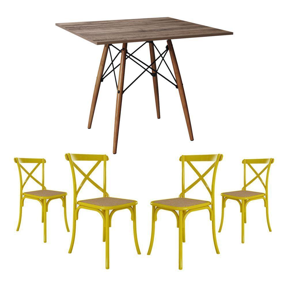 Conjunto De Mesa Eiffel Quadrado Tampo De Madeira 90Cm Amêndoa Com 4 Cadeiras Katrina Amarela - 1