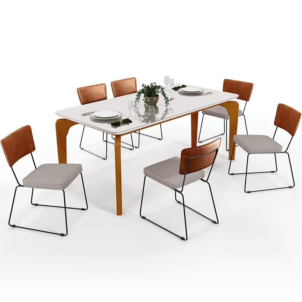 Mesa Capri 160cm Off White Nature Com 6 Cadeiras Camel Bege - 1