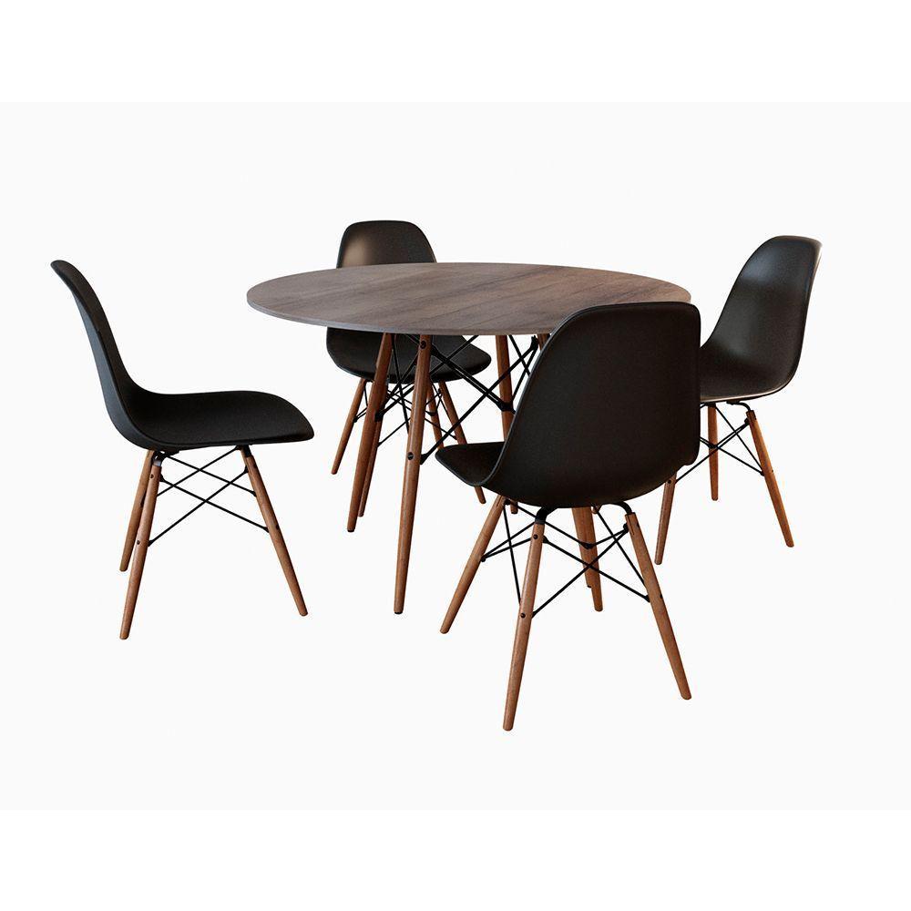 Conjunto De Mesa De Jantar Redonda 110Cm Tampo De Madeira Amêndoa Com 4 Cadeiras Pretas - 6