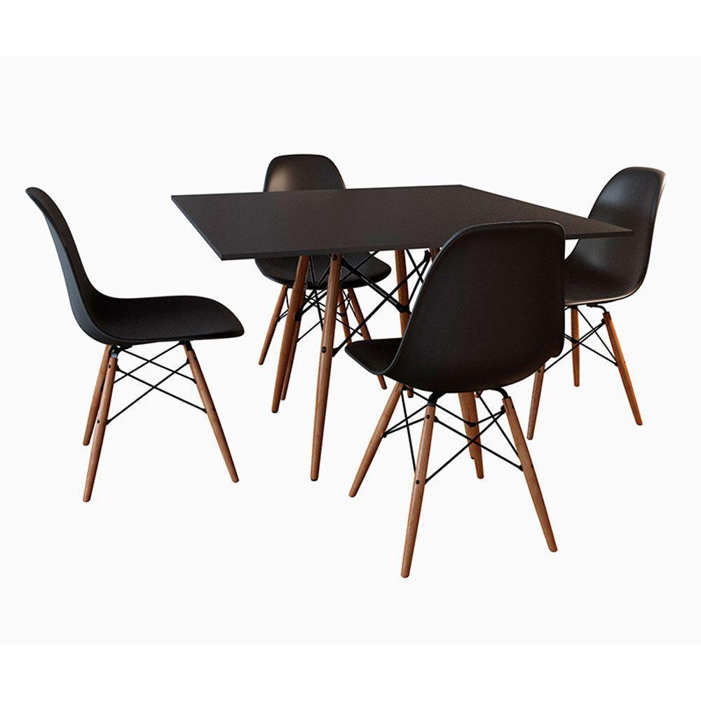 Conjunto De Mesa De Jantar Quadrada 90Cm Tampo De Madeira Preto Com 4 Cadeiras Pretas - 1