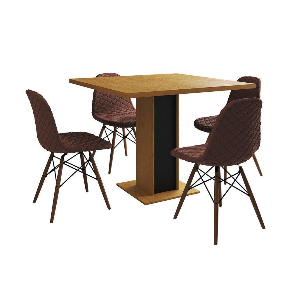 Mesa Jantar Londres Quadrada Canela 90Cm Base Preta 4 Cadeiras Eames Estofadas Caramelo Madeira - 6
