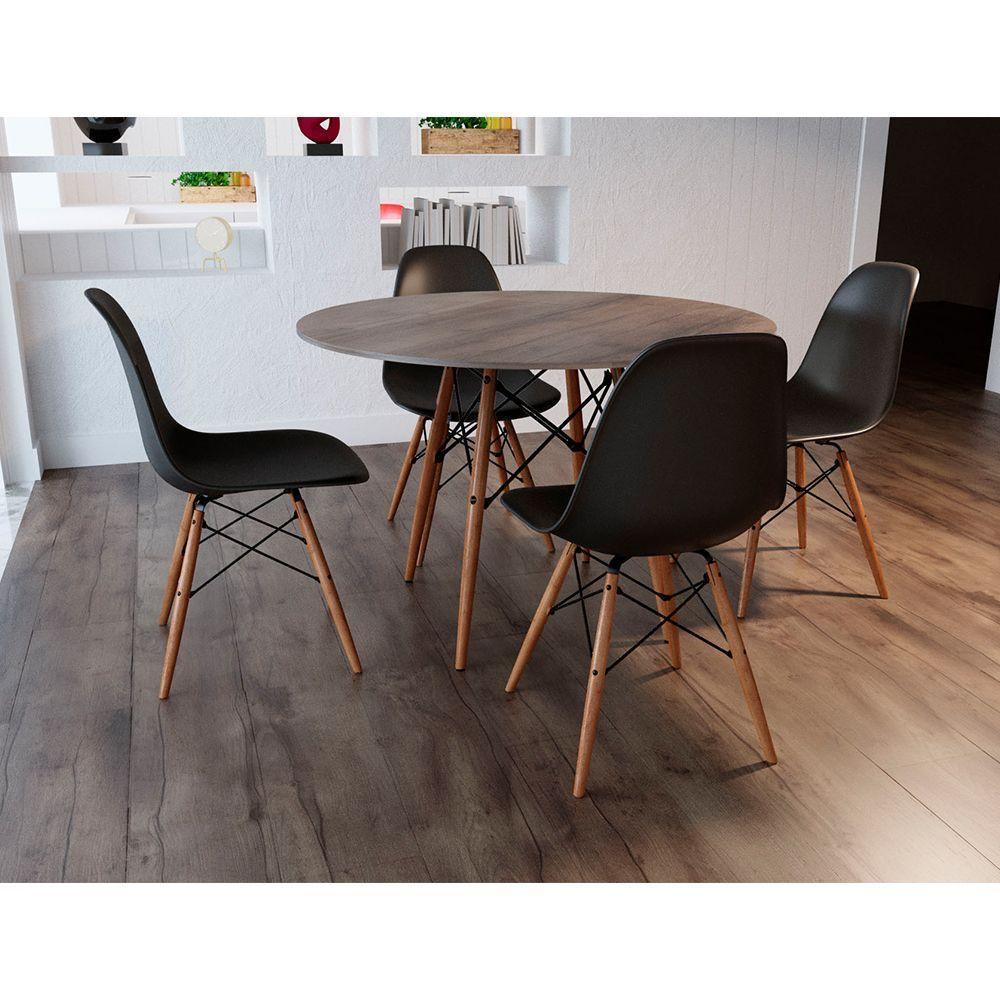 Conjunto De Mesa De Jantar Redonda 90Cm Tampo De Madeira Amêndoa Com 4 Cadeiras Pretas - 1