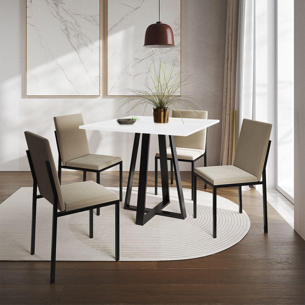 Conjunto De Jantar Mesa Mônaco 90Cm Tampo Branco Com 4 Cadeiras Estofadas Bege - Cor: Preto - 1