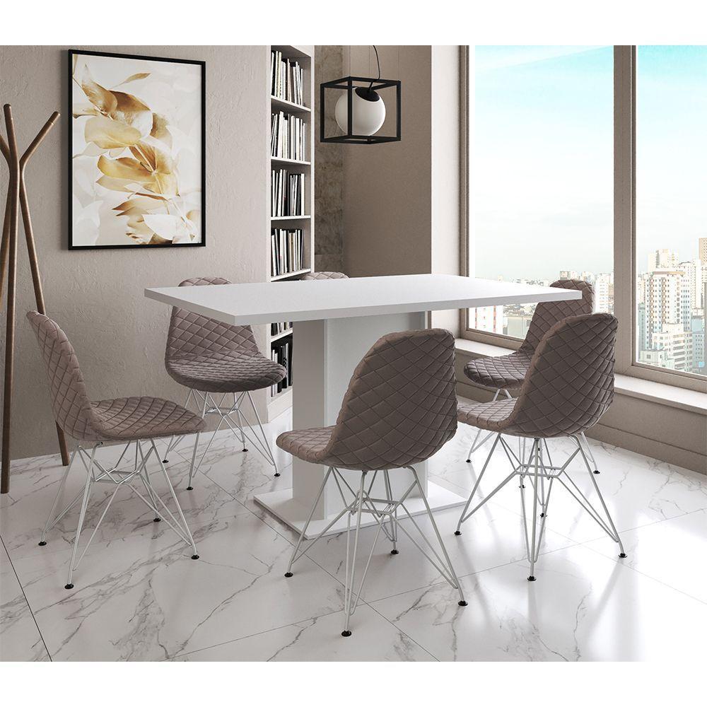 Mesa Jantar Londres Retangular Branca 137X90 6 Cadeiras Estofadas Nude Médio Ferro Branco - 1
