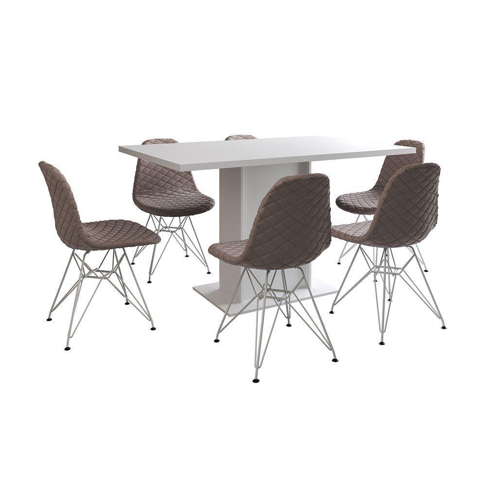 Mesa Jantar Londres Retangular Branca 137X90 6 Cadeiras Estofadas Nude Médio Ferro Branco - 6