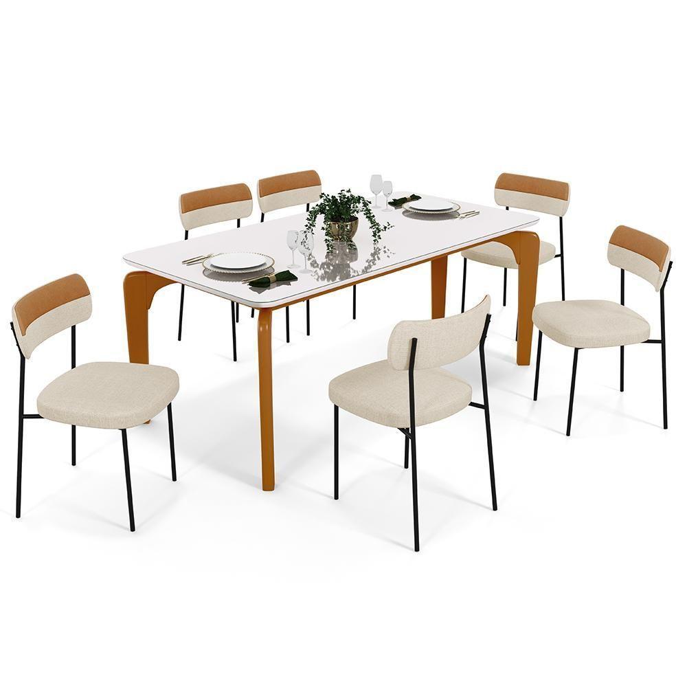 Mesa Jantar Capri 160cm Off White 6 Cadeiras Bege Caramelo - 1