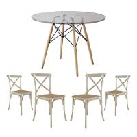 Conjunto De Mesa Eiffel Redondo Tampo De Vidro 110Cm Com 4 Cadeiras Katrina Off White Assento Bege - 1