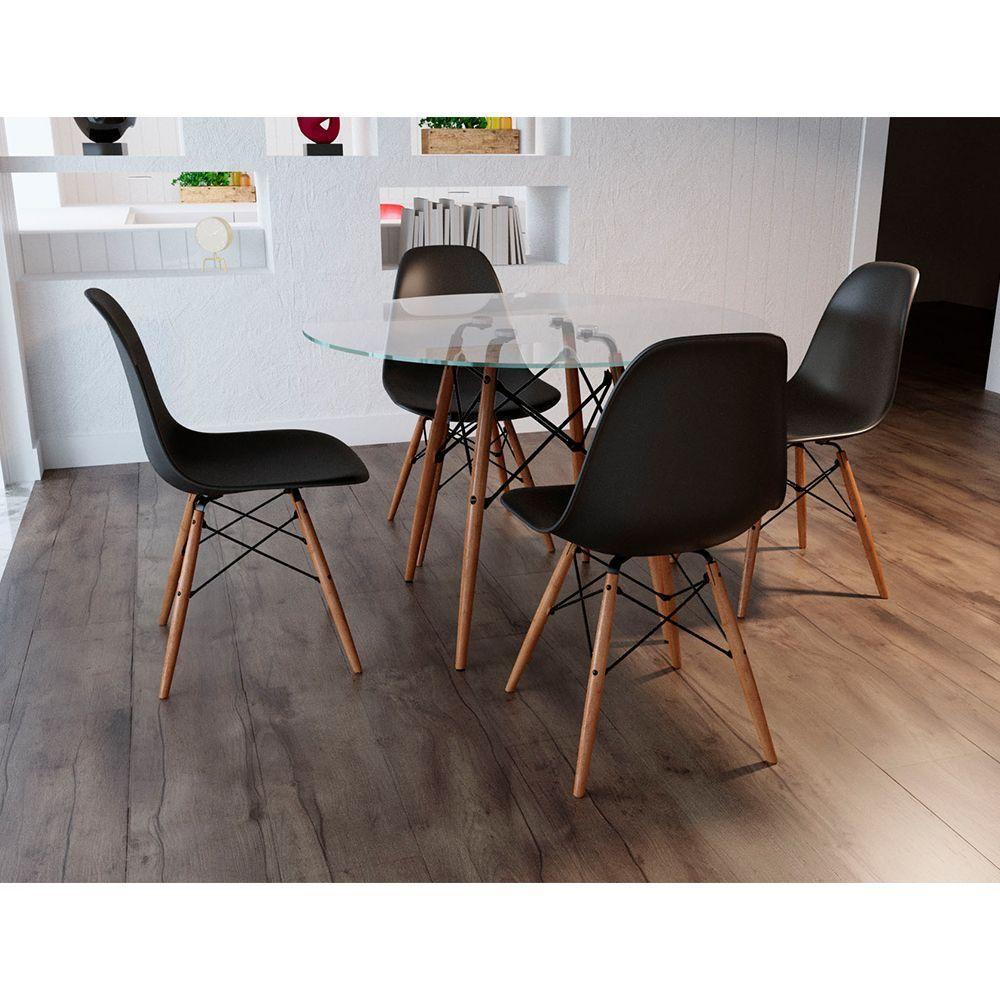 Conjunto De Mesa De Jantar Redonda 90Cm Tampo De Vidro Com 4 Cadeiras Pretas - Cor: Preto - 1
