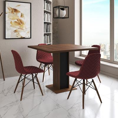 Mesa Jantar Londres Quadrada Amêndoa 90M Base Preta 4 Cadeiras Eames Estofadas Vermelho Madeira