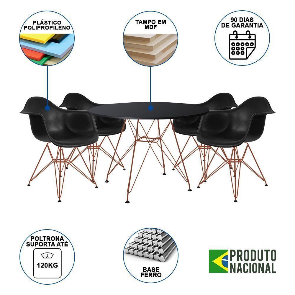 Mesa De Jantar Redonda 90Cm Preta Com 4 Poltronas Pretas Ferro Cobre Cor: Preto - 6