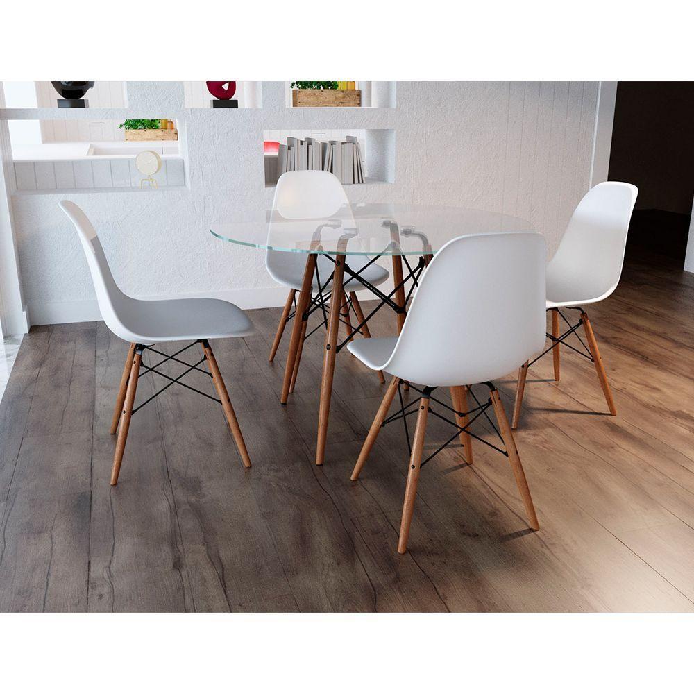 Conjunto De Mesa De Jantar Redonda 90Cm Tampo De Vidro Com 4 Cadeiras Brancas - Cor: Branco - 1