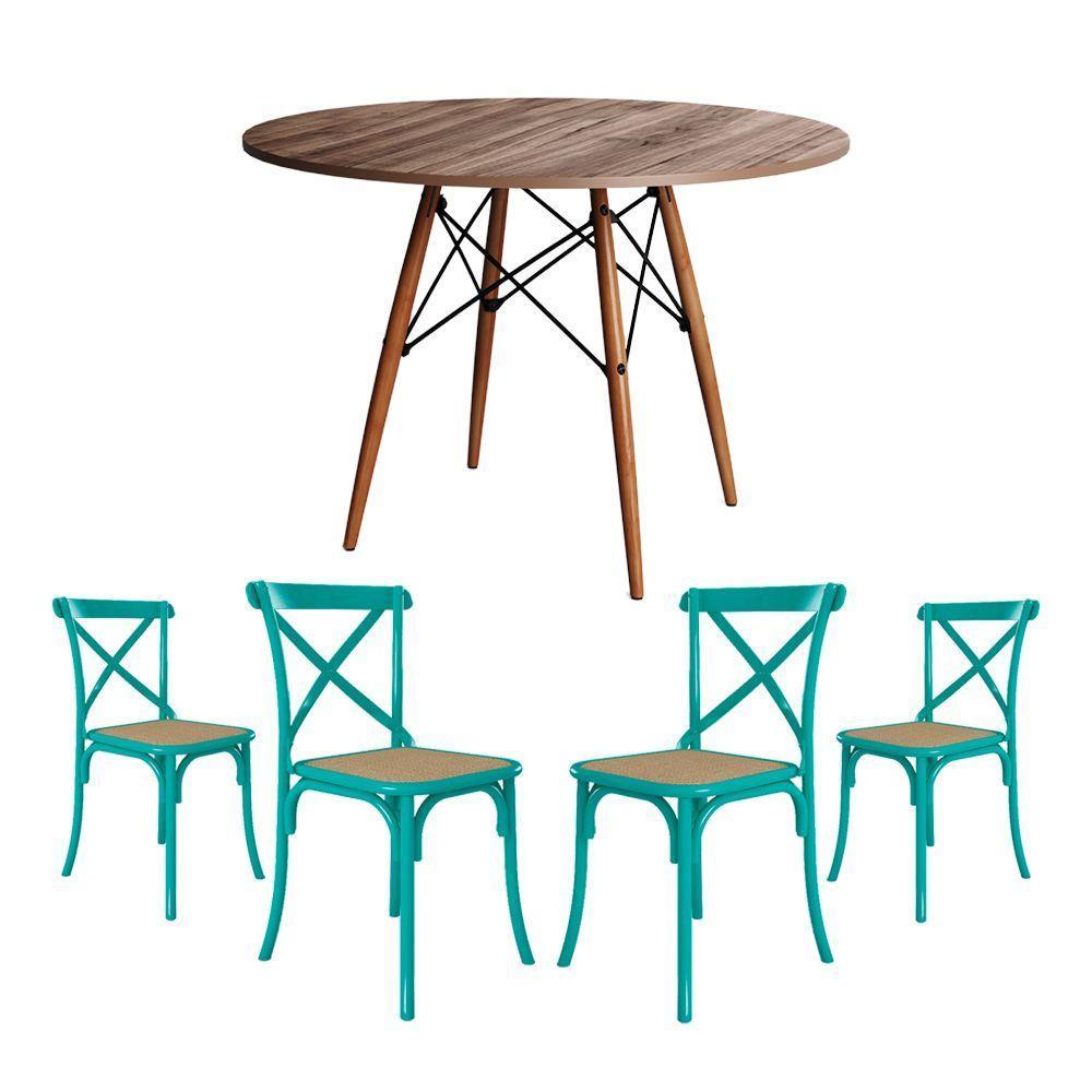 Conjunto De Mesa Eiffel Redondo Tampo De Madeira 110Cm Amêndoa Com 4 Cadeiras Katrina Azul Turquesa - 1