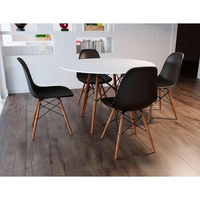 Conjunto De Mesa 4 Cadeiras Pretas Eames Dkr 110 Cm Base Madeira Tampo Branco