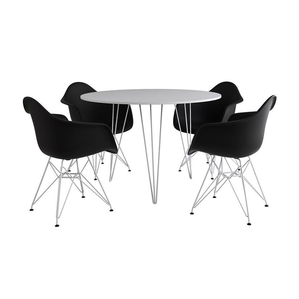 Mesa Jantar Redonda 90Cm Branca Clips 3 Pés Com 4 Poltronas Pretas Ferro Branco - Cor: Branco - 1