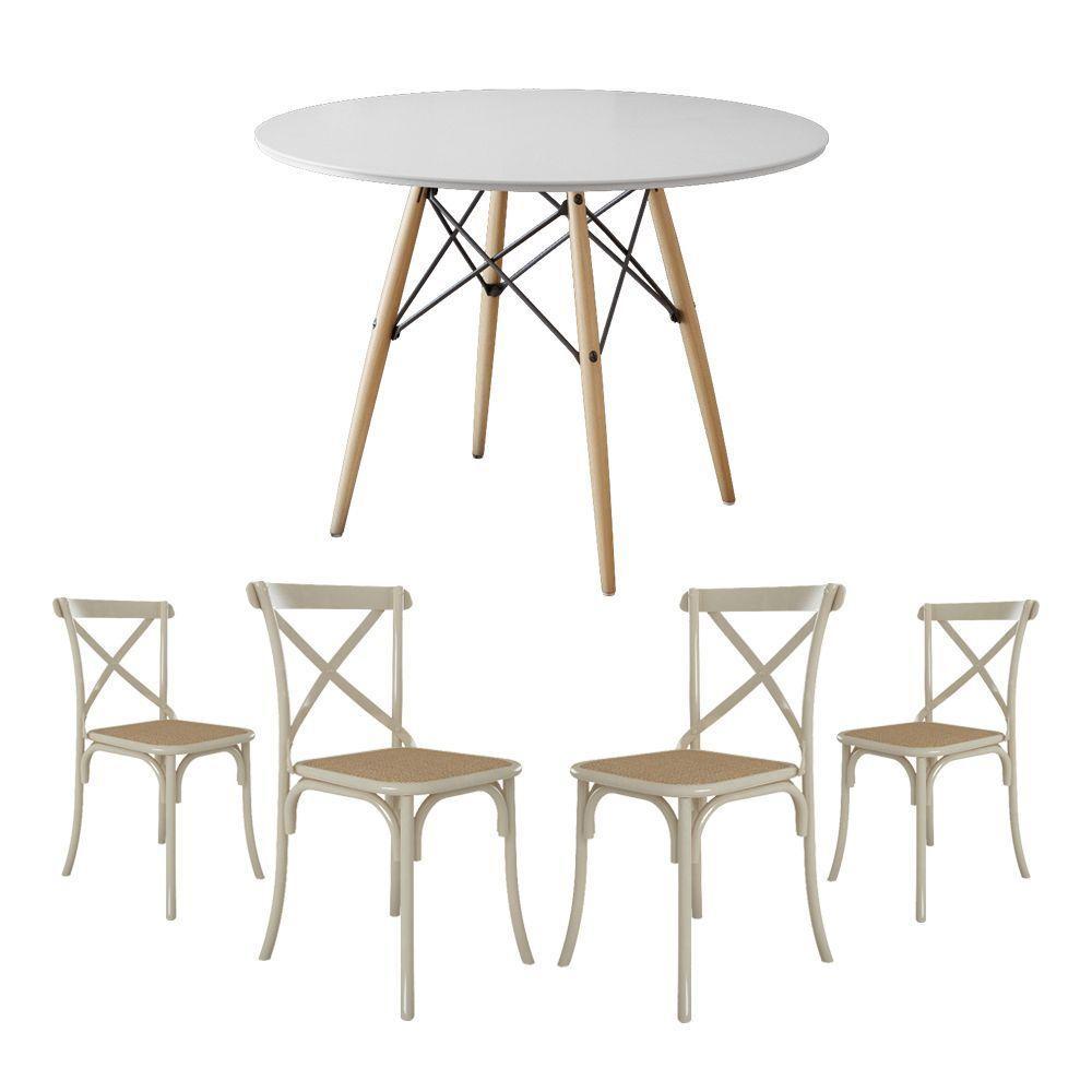 Conjunto De Mesa Eiffel Redondo Tampo De Madeira 90Cm Branco Com 4 Cadeiras Katrina Off White - 1